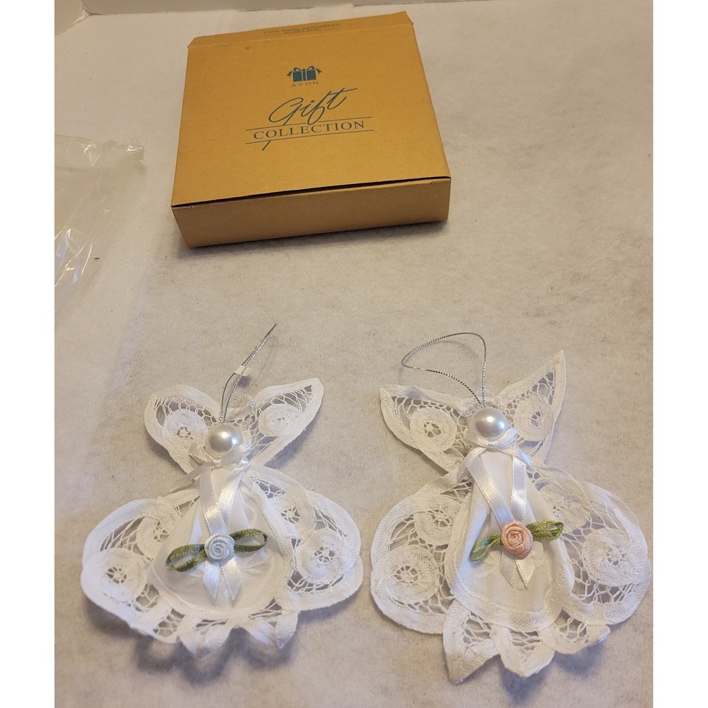 Avon Lace Angel Ornaments Vintage Battenburg Faux Pearl Christmas Set of 2 White